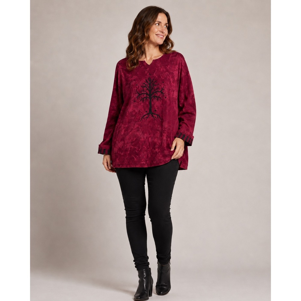 Ethereal Threads Long Sleeve Top Womens M/L Red Black Tree Cotton Renaissance